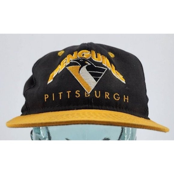 Vintage 90s Pittsburgh Penguins #1 Apparel Snapback Hat Big Spell Out NHL USA - Picture 2 of 12